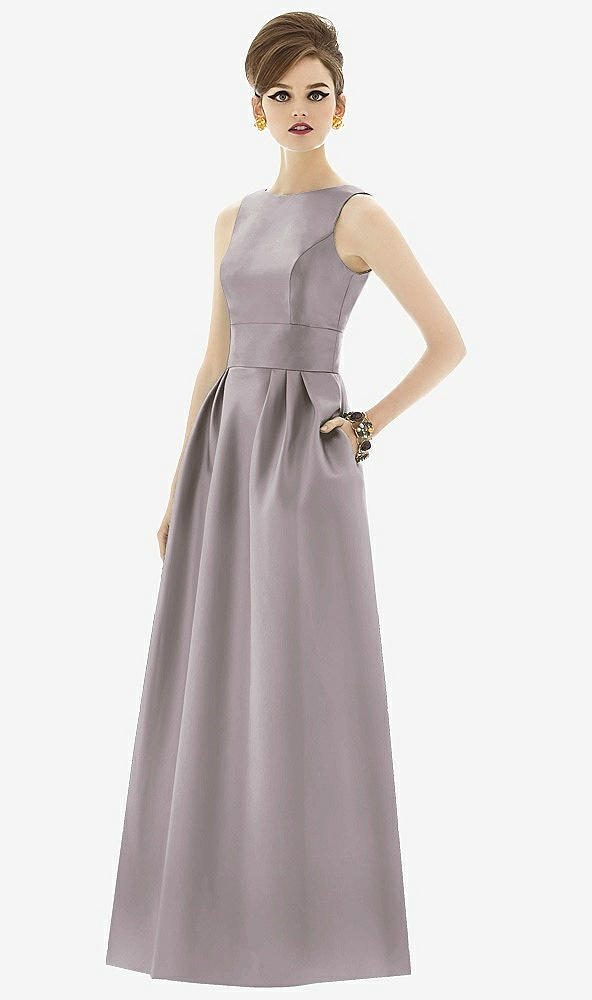 Front View - Cashmere Gray Alfred Sung Open Back Satin Twill Gown D661