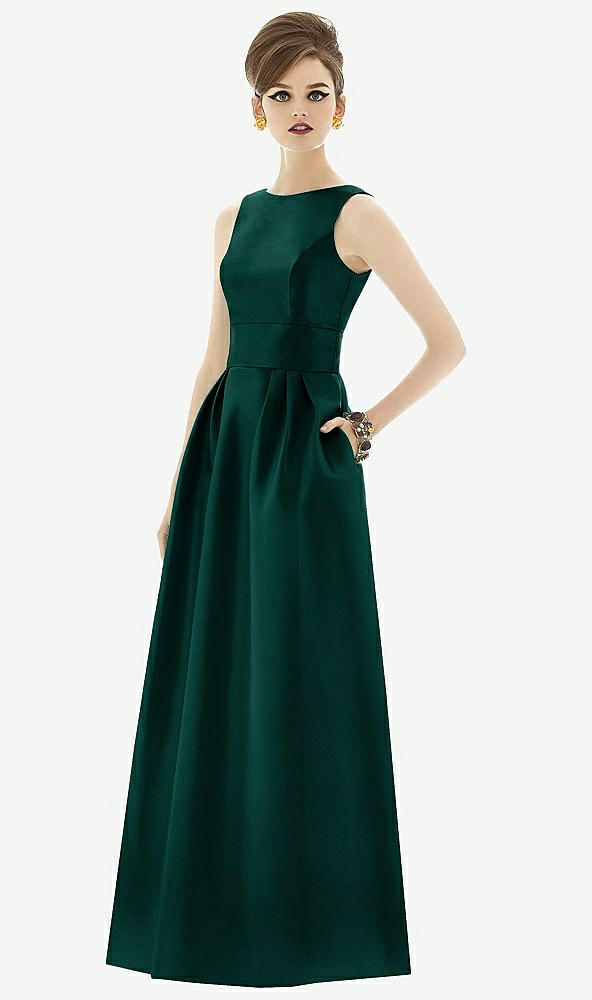Front View - Evergreen Alfred Sung Open Back Satin Twill Gown D661