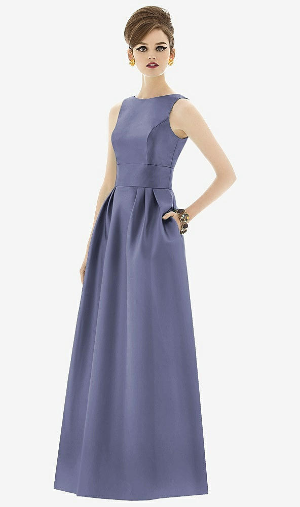 Front View - French Blue Alfred Sung Open Back Satin Twill Gown D661