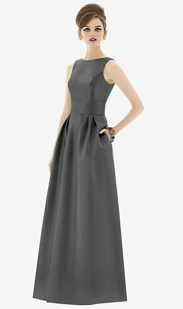Front View - Gunmetal Alfred Sung Open Back Satin Twill Gown D661
