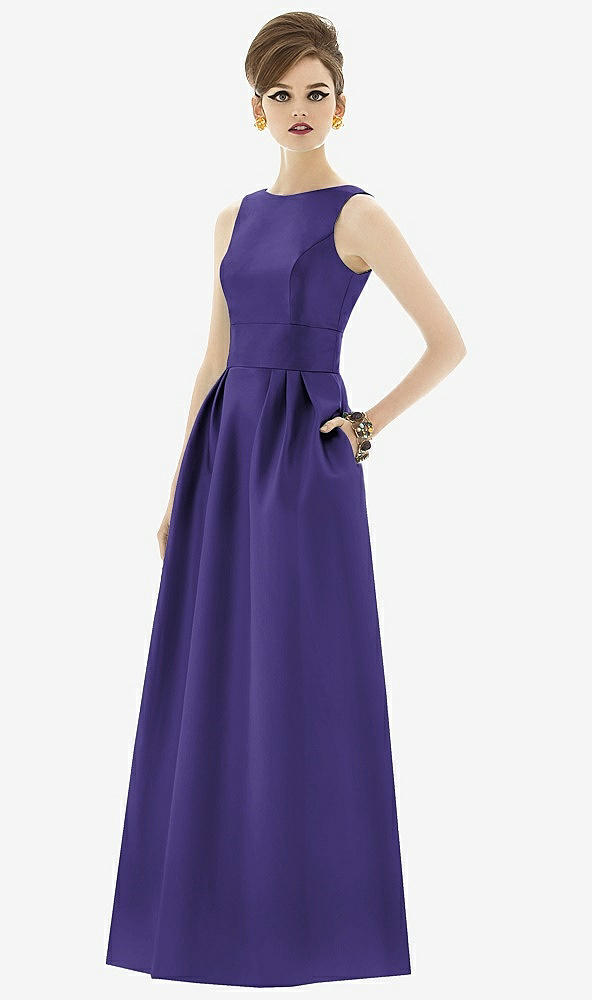 Front View - Grape Alfred Sung Open Back Satin Twill Gown D661