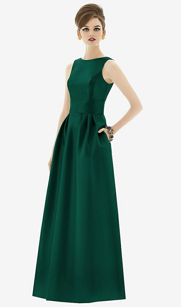 Front View - Hunter Green Alfred Sung Open Back Satin Twill Gown D661