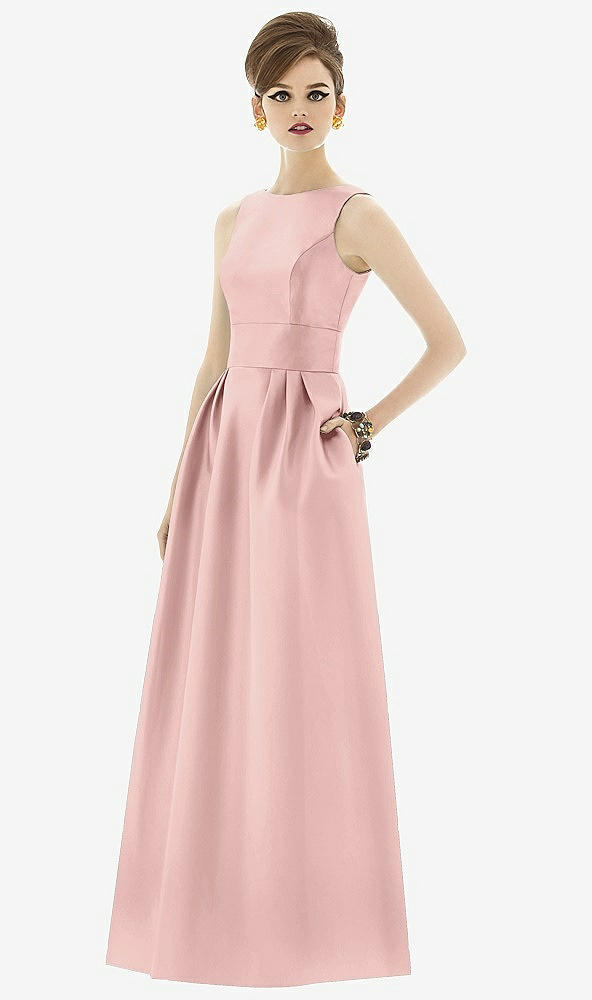 Front View - Rose - PANTONE Rose Quartz Alfred Sung Open Back Satin Twill Gown D661