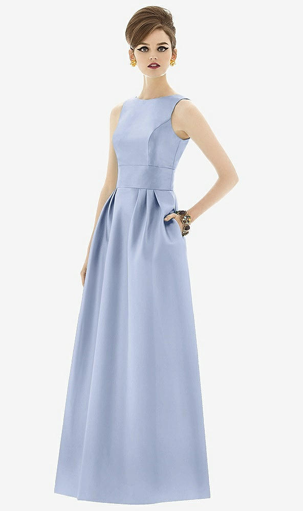 Front View - Sky Blue Alfred Sung Open Back Satin Twill Gown D661