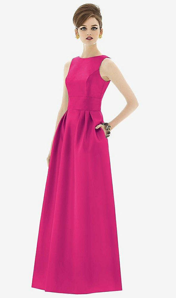 Front View - Think Pink Alfred Sung Open Back Satin Twill Gown D661