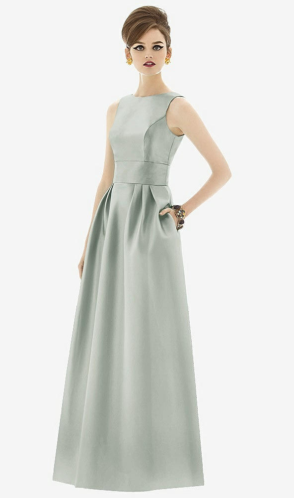 Front View - Willow Green Alfred Sung Open Back Satin Twill Gown D661