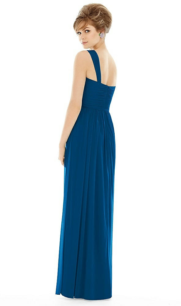 Back View - Cerulean One Shoulder Assymetrical Draped Bodice Dress