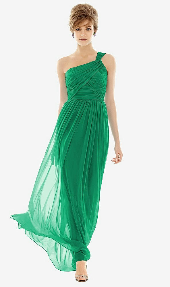Front View - Pantone Emerald One Shoulder Assymetrical Draped Bodice Dress