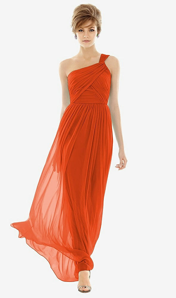 Front View - Tangerine Tango One Shoulder Assymetrical Draped Bodice Dress