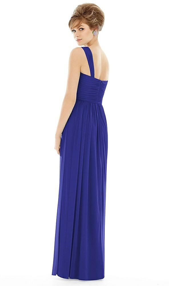 Back View - Electric Blue One Shoulder Assymetrical Draped Bodice Dress