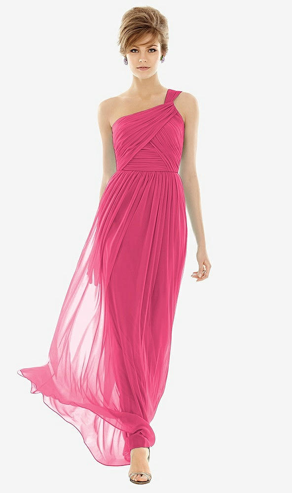 Front View - Forever Pink One Shoulder Assymetrical Draped Bodice Dress