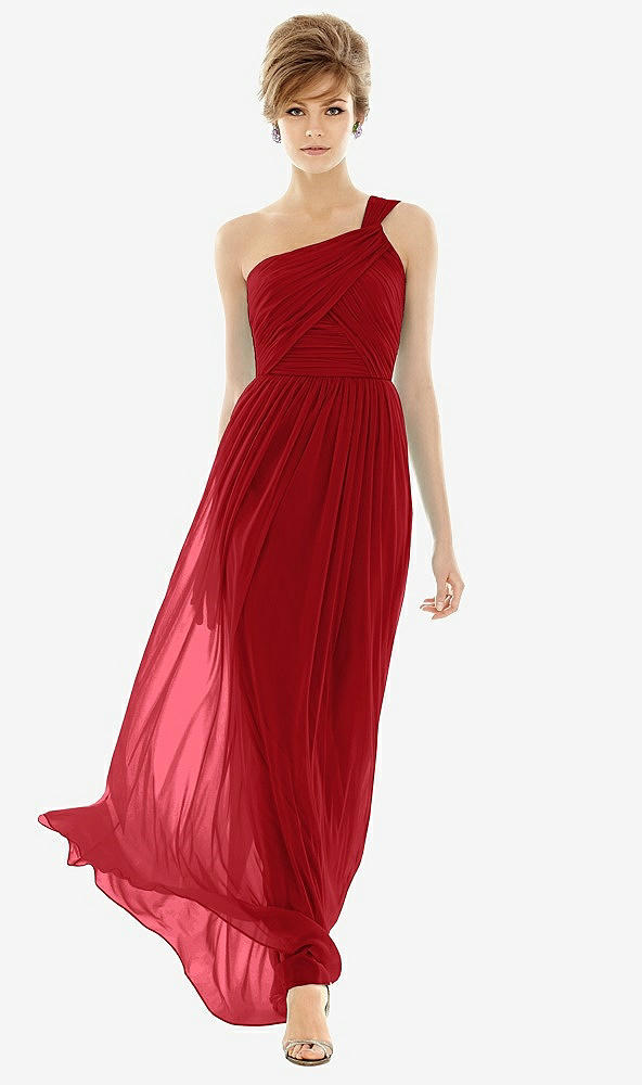 Front View - Garnet One Shoulder Assymetrical Draped Bodice Dress