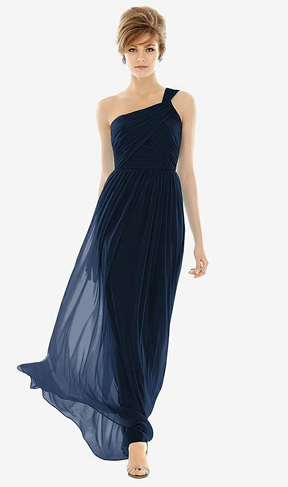Front View - Midnight Navy One Shoulder Assymetrical Draped Bodice Dress
