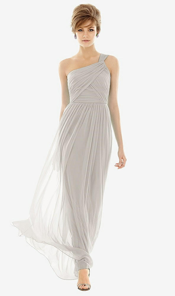 Front View - Oyster One Shoulder Assymetrical Draped Bodice Dress