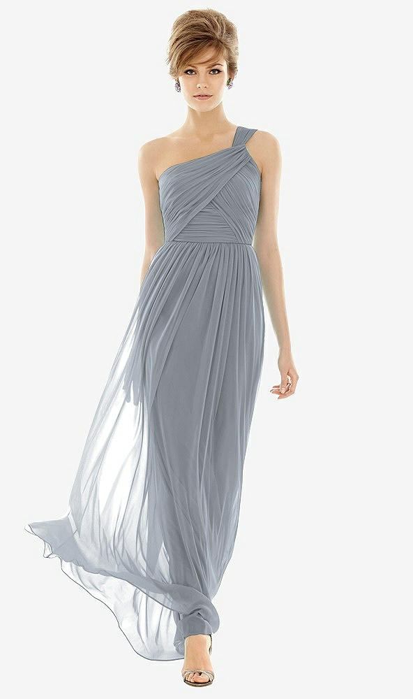 Front View - Platinum One Shoulder Assymetrical Draped Bodice Dress