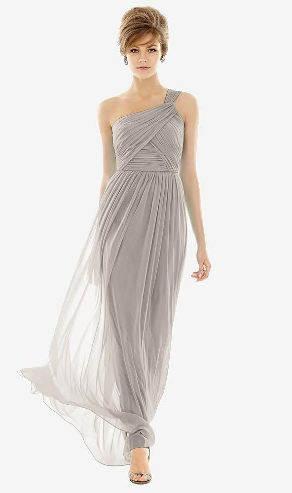 Front View - Taupe One Shoulder Assymetrical Draped Bodice Dress