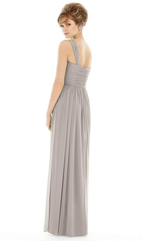 Back View - Taupe One Shoulder Assymetrical Draped Bodice Dress