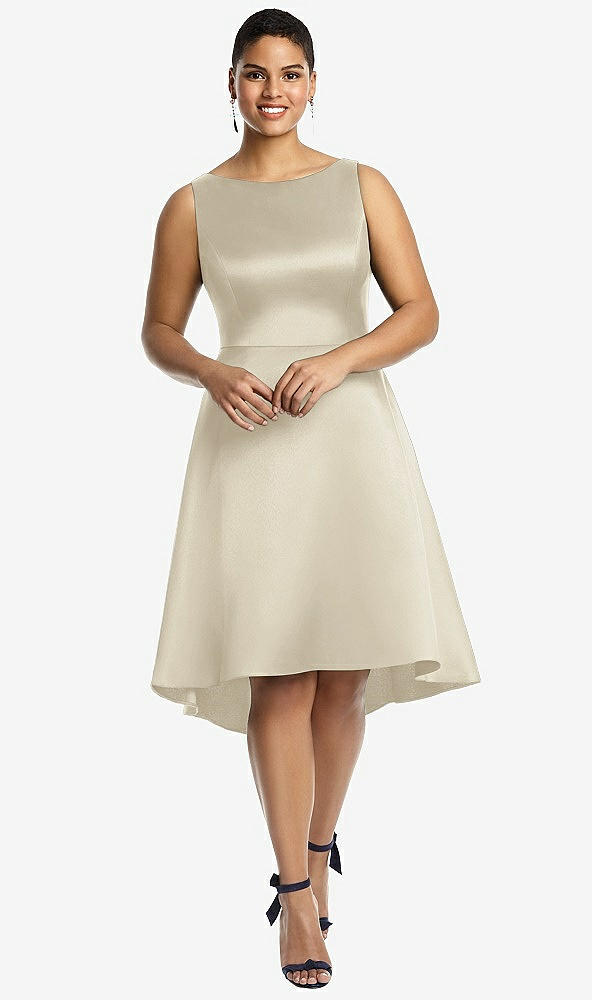 Front View - Champagne Bateau Neck Satin High Low Cocktail Dress