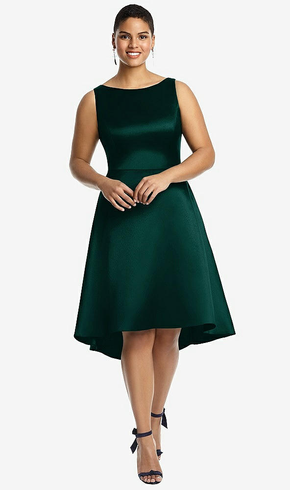 Front View - Evergreen Bateau Neck Satin High Low Cocktail Dress