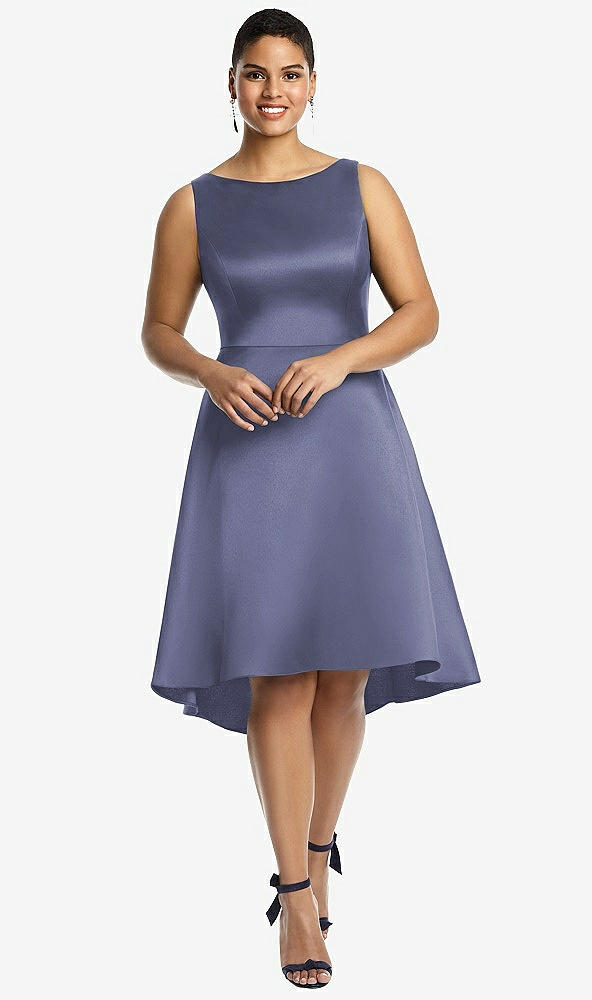 Front View - French Blue Bateau Neck Satin High Low Cocktail Dress