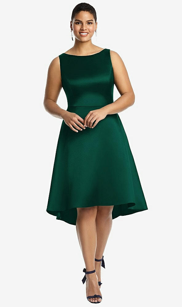 Front View - Hunter Green Bateau Neck Satin High Low Cocktail Dress