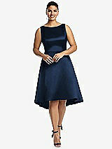 Front View Thumbnail - Midnight Navy Bateau Neck Satin High Low Cocktail Dress