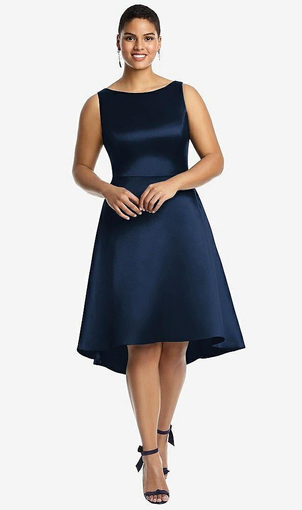 Front View - Midnight Navy Bateau Neck Satin High Low Cocktail Dress