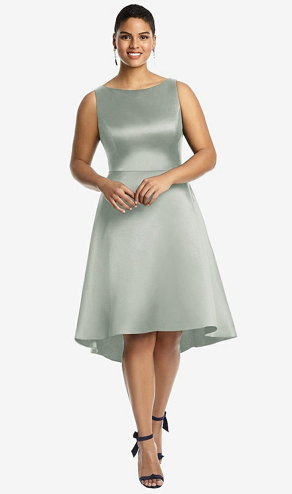 Front View - Willow Green Bateau Neck Satin High Low Cocktail Dress