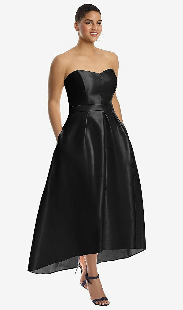 Front View - Black & Black Strapless Satin High Low Dress with Pockets