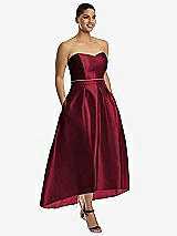 Front View Thumbnail - Burgundy & Burgundy Strapless Satin High Low Dress with Pockets