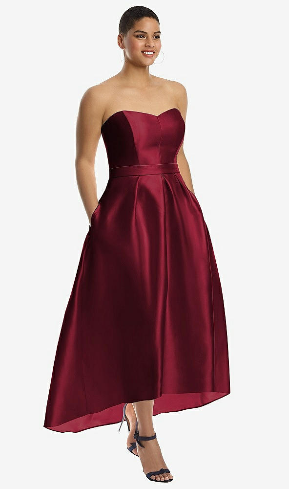 Front View - Burgundy & Burgundy Strapless Satin High Low Dress with Pockets