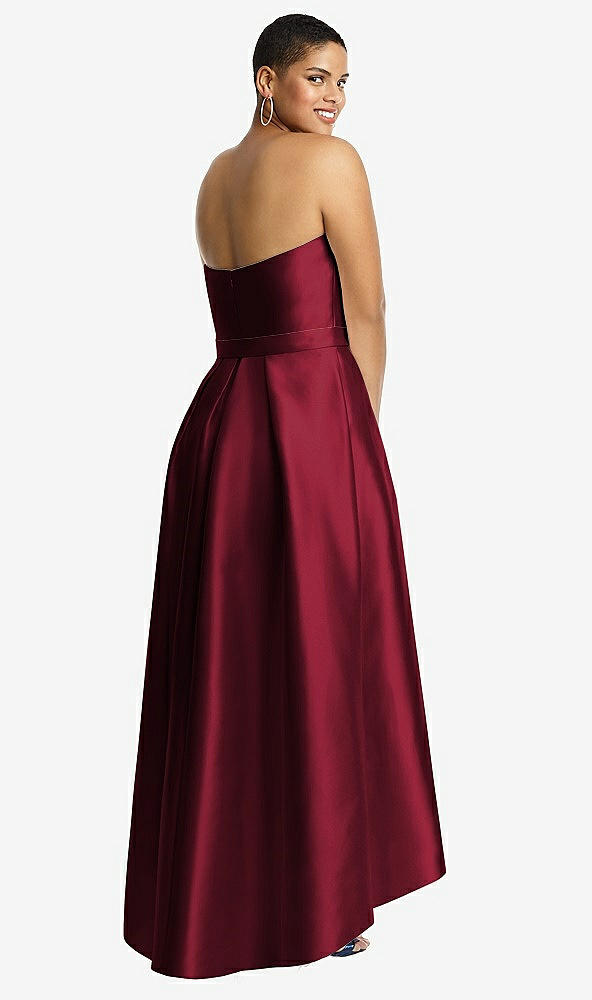 Back View - Burgundy & Burgundy Strapless Satin High Low Dress with Pockets
