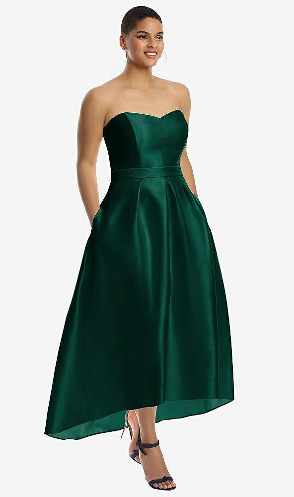 Front View - Hunter Green & Hunter Green Strapless Satin High Low Dress with Pockets