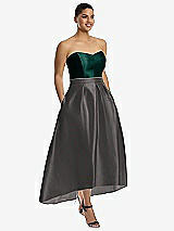 Front View Thumbnail - Caviar Gray & Evergreen Strapless Satin High Low Dress with Pockets