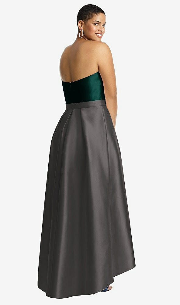 Back View - Caviar Gray & Evergreen Strapless Satin High Low Dress with Pockets