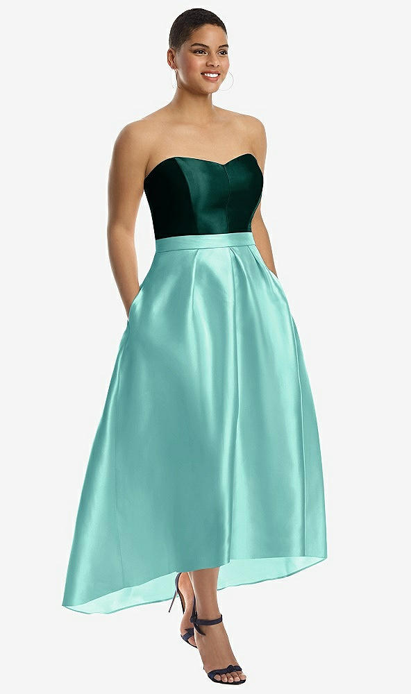 Front View - Coastal & Evergreen Strapless Satin High Low Dress with Pockets