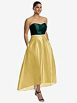 Front View Thumbnail - Maize & Evergreen Strapless Satin High Low Dress with Pockets