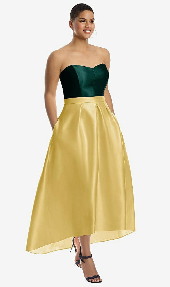 Front View - Maize & Evergreen Strapless Satin High Low Dress with Pockets