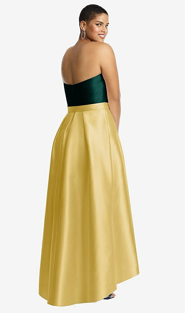 Back View - Maize & Evergreen Strapless Satin High Low Dress with Pockets