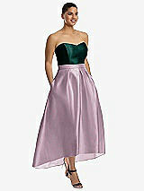 Front View Thumbnail - Suede Rose & Evergreen Strapless Satin High Low Dress with Pockets