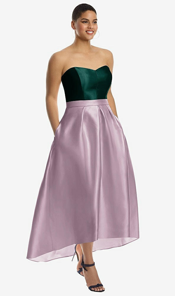 Front View - Suede Rose & Evergreen Strapless Satin High Low Dress with Pockets