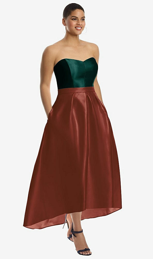 Front View - Auburn Moon & Evergreen Strapless Satin High Low Dress with Pockets