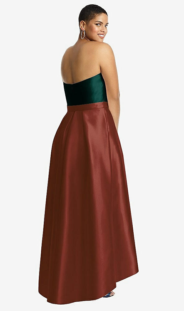 Back View - Auburn Moon & Evergreen Strapless Satin High Low Dress with Pockets