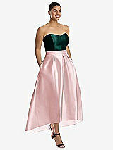 Front View Thumbnail - Ballet Pink & Evergreen Strapless Satin High Low Dress with Pockets
