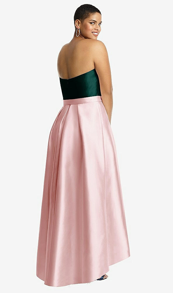 Back View - Ballet Pink & Evergreen Strapless Satin High Low Dress with Pockets