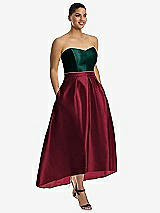 Front View Thumbnail - Burgundy & Evergreen Strapless Satin High Low Dress with Pockets