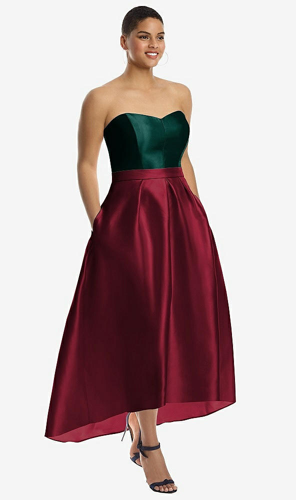 Front View - Burgundy & Evergreen Strapless Satin High Low Dress with Pockets