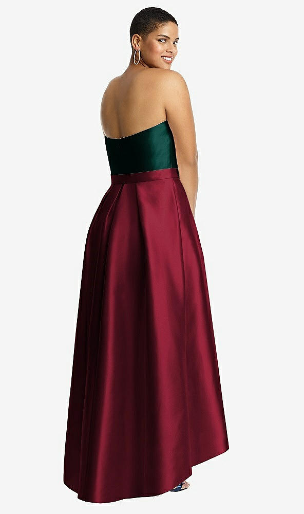 Back View - Burgundy & Evergreen Strapless Satin High Low Dress with Pockets