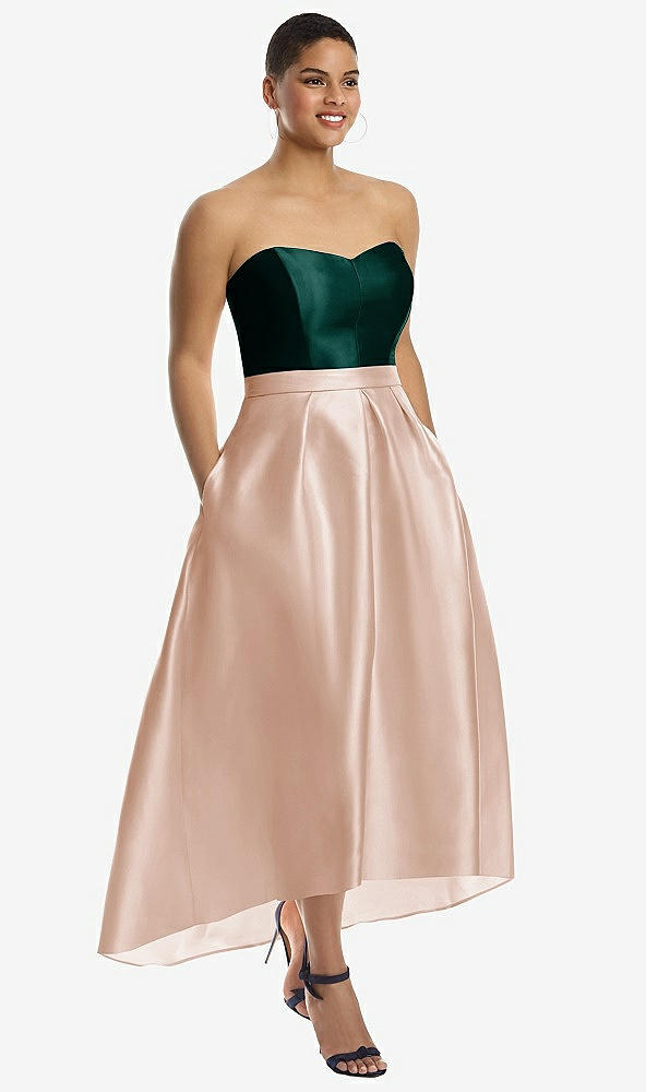 Front View - Cameo & Evergreen Strapless Satin High Low Dress with Pockets