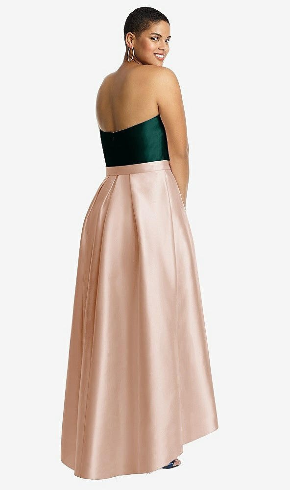 Back View - Cameo & Evergreen Strapless Satin High Low Dress with Pockets